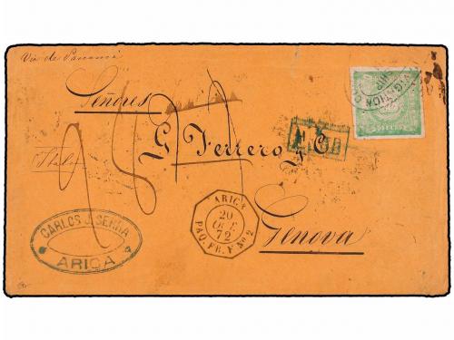 ¿ PERU. 1872. ARICA a GÉNOVA. Circulada con sello de 1 diner
