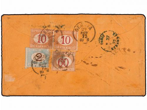 ¿ PERU. 1872. ARICA a GÉNOVA. Circulada con sello de 1 diner