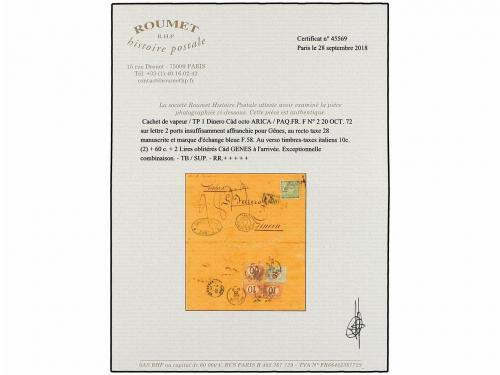 ¿ PERU. 1872. ARICA a GÉNOVA. Circulada con sello de 1 diner