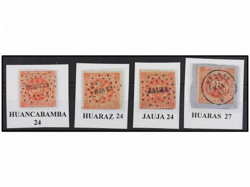 ° PERU. 1858-60. 1 peseta rojo. Conjunto de 20 sellos con di