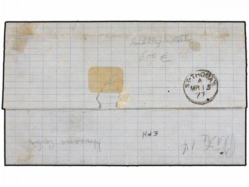 ✉ CUBA. 1877. HABANA a ST. THOMAS. Circulada con sellos Brit