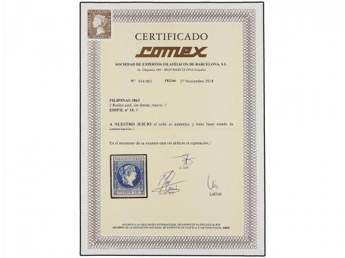(*) FILIPINAS. Ed. 14. 2 reales azul. PIEZA DE LUJO. Cert. C