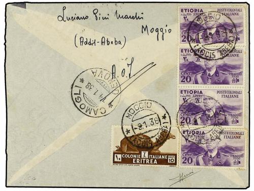 ✉ ETIOPIA. 1938 (3-1). MOGGIO a ITALIA. Sello de Eritrea de 