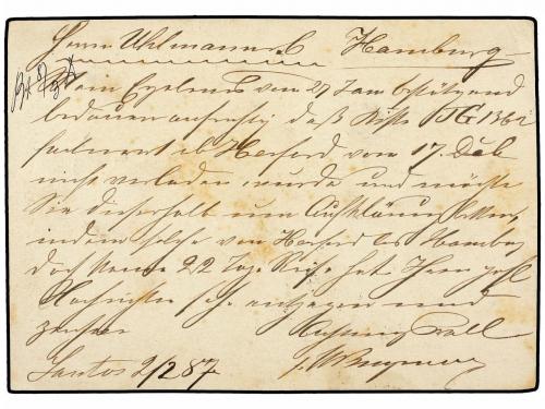 ✉ BRASIL. 1887. SANTOS a ALEMANIA. Entero Postal de 20 reis 