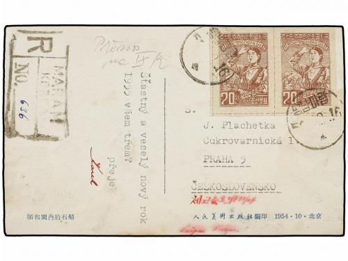 ✉ COREA DEL NORTE. Mi. 52B (2). 1952. Post card to CZECHOSLO