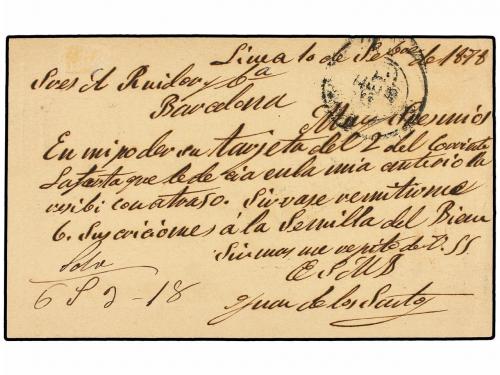 ¿ GIBRALTAR. 1878. LA LINEA (Cádiz) a BARCELONA. Entero Post