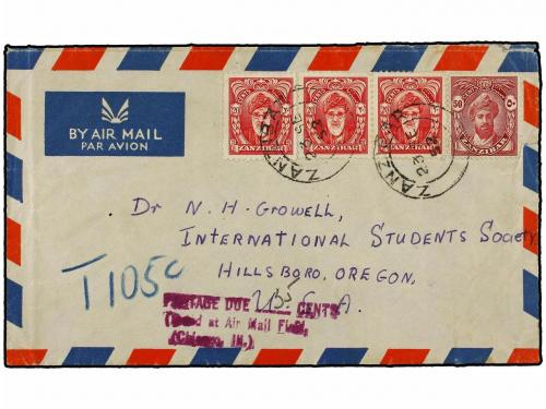 ✉ ZANZIBAR. 1952. ZANZIBAR to USA. 20 cts. red (3) and 50 ct