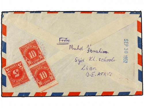 ✉ ZANZIBAR. 1952. ZANZIBAR to USA. 20 cts. red (3) and 50 ct