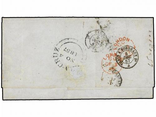 ✉ MEXICO. Sc. 3. 1857. MEXICO a FRANCIA. 2 reales verde. Mat