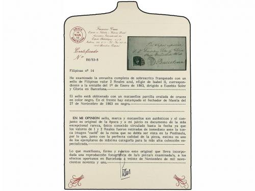 ✉ FILIPINAS. Ed. 14. 1863. MANILA a BARCELONA. 2 reales azul