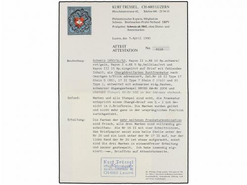 ✉ SUIZA. 1852. BRUGG a OESCHGEN. 5 rp. RAYON I azul y rojo, 