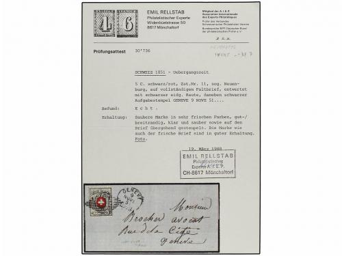 ¿ SUIZA. 1851. GINEBRA correo interior. 5 céntimos negro y r