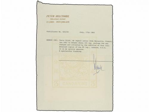 ✉ GRECIA. 1861. 80 Lep carmine Paris Print, four singles, al