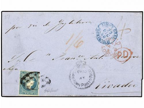 ✉ PUERTO RICO. 1858. SAN JUAN a RIVADEO. 1/2 real azul, mat.