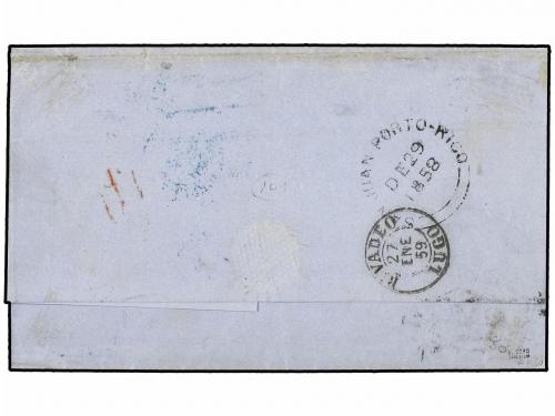 ✉ PUERTO RICO. 1858. SAN JUAN a RIVADEO. 1/2 real azul, mat.