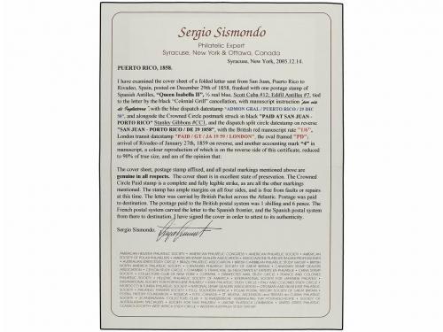 ✉ PUERTO RICO. 1858. SAN JUAN a RIVADEO. 1/2 real azul, mat.