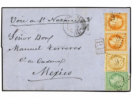 ✉ FRANCIA. Yv. 31 (2), 35, 36. 1872. MELAN a MÉXICO. 5 cts. 