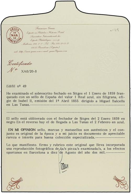 ✉ ESPAÑA. Ed. 49. 1859. SITGES a LAS TUNAS (Cuba). 1 real az