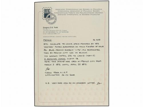 ✉ MEXICO. 1872. MÉXICO a CÁDIZ (España). 25 cts. azul "percé