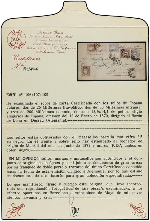 ✉ ESPAÑA. Ed. 106 (2), 107 (2), 109 (3). 1872. MADRID a ALEM