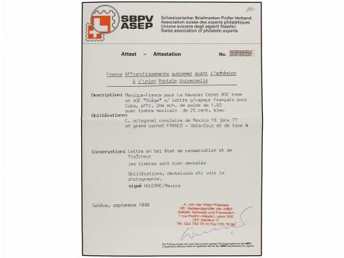 ✉ MEXICO. 1877. MÉXICO a LA HABANA. Circulada con sello de M