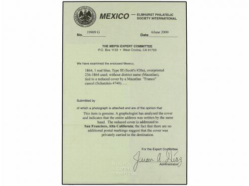 ✉ MEXICO. (1864 CA.). 1 r. blue, good to huge margins with s