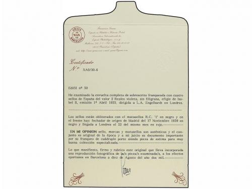 ✉ ESPAÑA. Ed. 50 (4). 1859. MADRID a LONDRES. 2 reales lila,