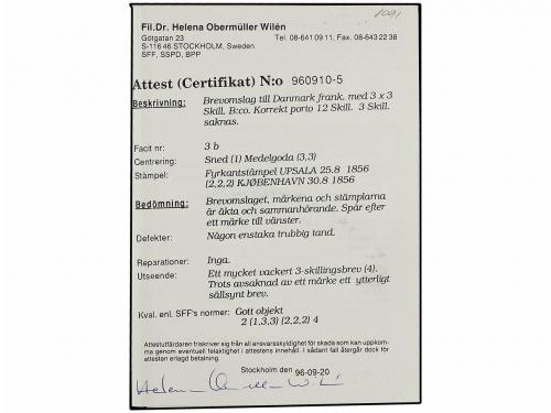 ¿ SUECIA. 1856. 3 sk. bluish green, three singles all tied b