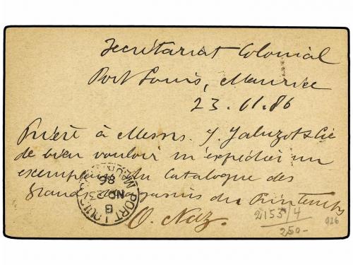 ✉ MAURICIO. 1886. PORT LOUIS a FRANCIA. Entero Postal de 2 c