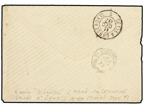 ✉ SEYCHELLES. 1887. MAHE a TOULOUSE (Francia). Carta franque