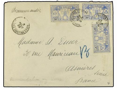 ✉ NUEVAS HEBRIDAS. 1929. Registered envelope to France beari