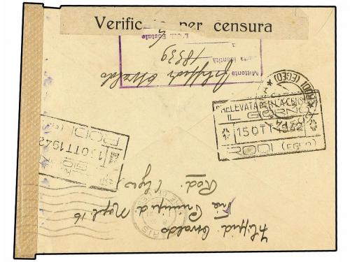 ✉ ITALIA: EGEO-RODAS. 1942. Censored envelope to France bear