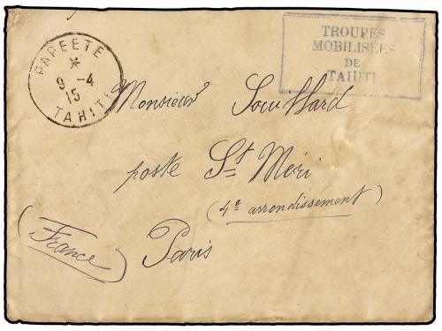 ✉ TAHITI. 1915. Military mail envelope to Paris cancelled by