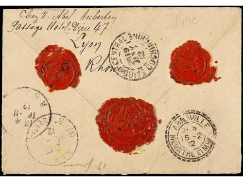 ✉ LAOS. 1912. Registered envelope to FRANCE bearing Indo-Chi