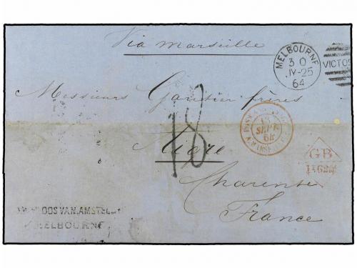 ✉ AUSTRALIA. 1864. Stampless envelope to France cancelled by