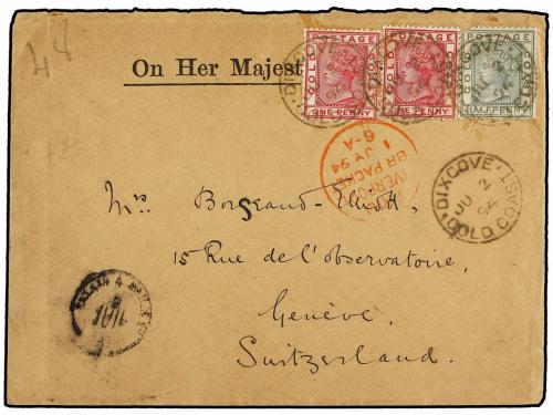 ✉ COSTA DE ORO. 1894 (June 2). OHMS envelope to Geneva, Swit
