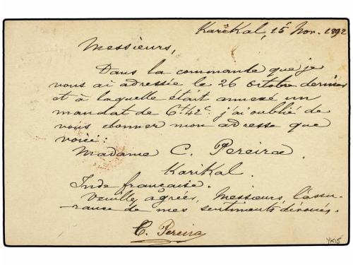 ✉ INDIA. 1892 (Nov 15). Colonies 10c. grey-black on pale lil