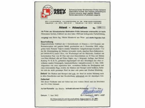 ✉ SERBIA. Mi. 4x (2), 6x (2). 1868 (6-XII). VALJEVO. Entire 