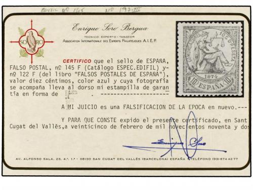 * ESPAÑA. Ed. 145F. 10 cts. azul. FALSO POSTAL. Tipo III. Ce