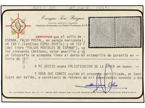 * ESPAÑA. Ed. 149F. 50 cts. amarillo. FALSO POSTAL. 4 sellos