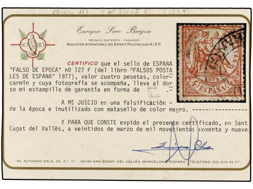 ° ESPAÑA. Ed. 151F. 4 pts. carmín. FALSO POSTAL. Tipo I. 2 s
