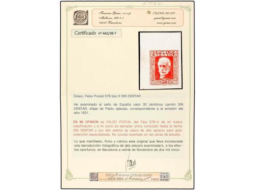 * ESPAÑA. Ed. 669F. 30 cts. rojo. FALSO POSTAL. Tipo II SIN 
