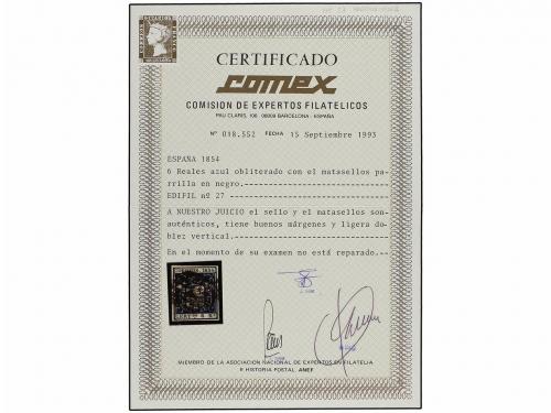 ° ESPAÑA. Ed. 27. 6 reales azul. MUY BONITO EJEMPLAR. Cert. 