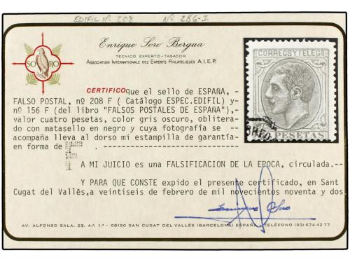 ° ESPAÑA. Ed. 208F. 4 pts. gris. FALSO POSTAL. Cert. E. SORO