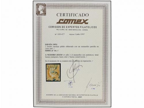 ° ESPAÑA. Ed. 14. 2 reales naranja. Mat. PARRILLA AZUL. Extr