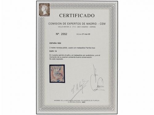 ° ESPAÑA. Ed. 14. 2 reales naranja. Mat. PARRILLA AZUL. Extr