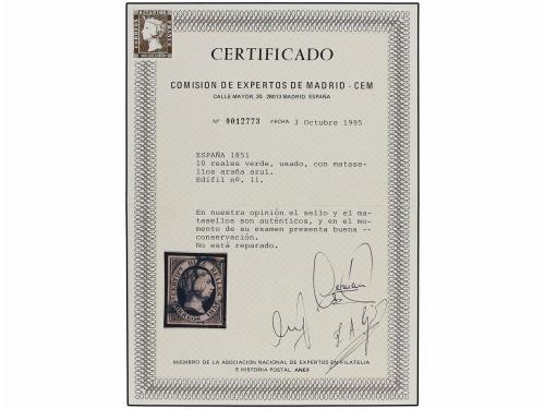 ° ESPAÑA. Ed. 11. 10 reales verde. Mat. ARAÑA AZUL. Margen d