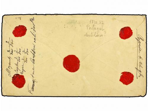 ¿ PORTUGAL. 1880. LISBOA a PARÍS. 20 reis bistre tira de cua