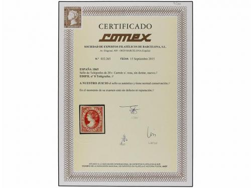 (*) ESPAÑA: TELEGRAFOS. Ed. 8. 20 reales rosa carmín. PIEZA 