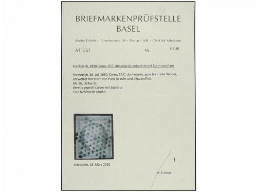 ° FRANCIA. Yv. 2b. 1850. 15 cts. verde, mat. ESTRELLA DE PUN